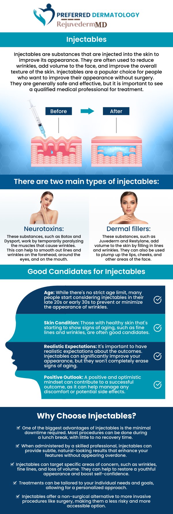 Common questions asked by clients: What are the different types of injectables? At what age should I start getting injectables? How do I know which cosmetic injectable treatment is right for me? How long does a typical injectable appointment take? For more information, please contact us or book an appointment online. We are conveniently located at 3900 Joe Ramsey Blvd Building 6 Greenville, TX 75401.