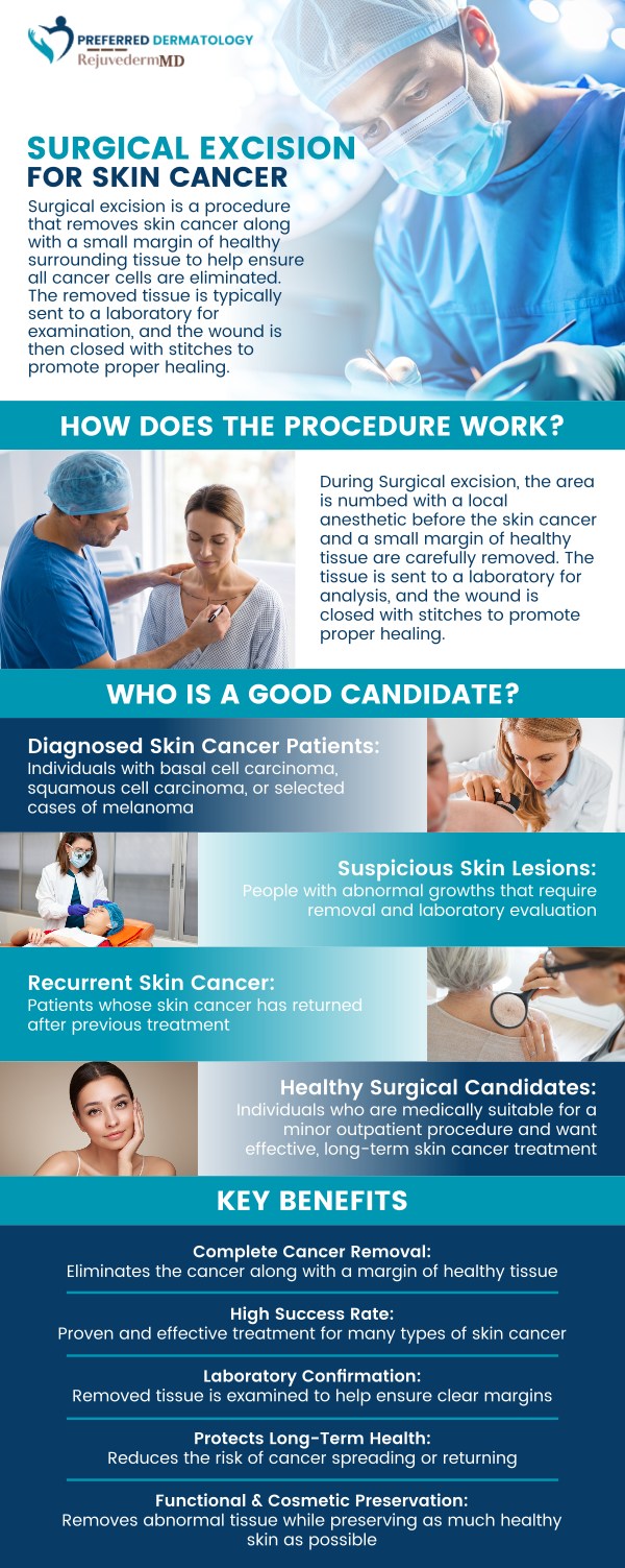 At Preferred Dermatology, our team provides personalized surgical excision services for patients seeking effective skin cancer treatment with a patient-centered approach. We focus on careful evaluation, precise treatment planning, and individualized care to help address skin cancer concerns while supporting healthy skin outcomes. Through advanced dermatologic techniques and ongoing guidance, our team works closely with patients throughout their treatment journey to provide comfortable and comprehensive care. For more information, please contact us or book an appointment online. We are conveniently located at 780 North Watters Road Ste 180, Allen, TX 75013.
