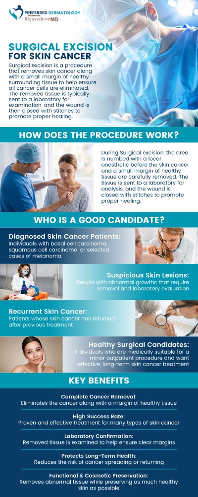 At Preferred Dermatology, our team provides personalized surgical excision services for patients seeking effective skin cancer treatment with a patient-centered approach. We focus on careful evaluation, precise treatment planning, and individualized care to help address skin cancer concerns while supporting healthy skin outcomes. Through advanced dermatologic techniques and ongoing guidance, our team works closely with patients throughout their treatment journey to provide comfortable and comprehensive care. For more information, please contact us or book an appointment online. We are conveniently located at 780 North Watters Road Ste 180, Allen, TX 75013.