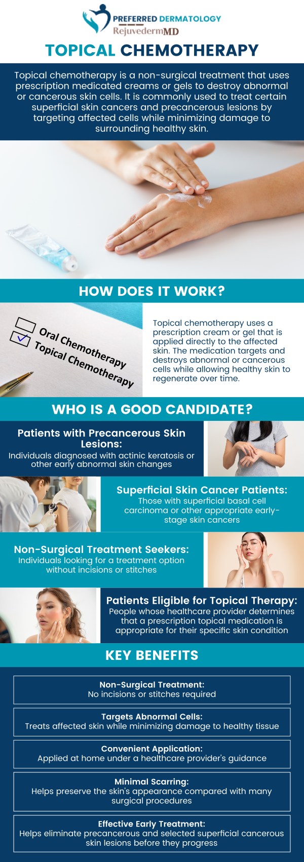 Our team at Preferred Dermatology provides personalized guidance and comprehensive support for patients considering topical chemotherapy as part of their skin cancer treatment plan. With a patient-focused approach, we evaluate each individual’s skin health, discuss suitable treatment options, and help patients understand what to expect throughout the process. Our team is committed to delivering thoughtful dermatologic care while supporting patients in achieving effective and comfortable skin cancer management. For more information, please contact us or book an appointment online. We are conveniently located at 780 North Watters Road Ste 180, Allen, TX 75013.