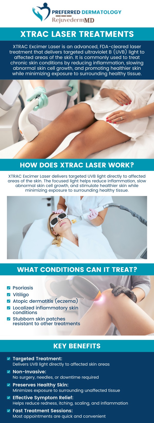 Common questions asked by: What is XTRAC Laser, and how does it work? Which skin conditions are best treated with XTRAC Laser? How long does each XTRAC session take? Who is a good candidate for XTRAC Laser therapy? For more information or to schedule an appointment, contact us today. We proudly serve patients from Allen, TX, Anna, TX, Celina, TX, Denton, TX, Forney, TX, Greenville, TX, Lewisville, TX, McKinney, TX, Rockwall, TX, Sherman, TX, Sulphur Springs, TX, and Waxahachie, TX, and surrounding areas.